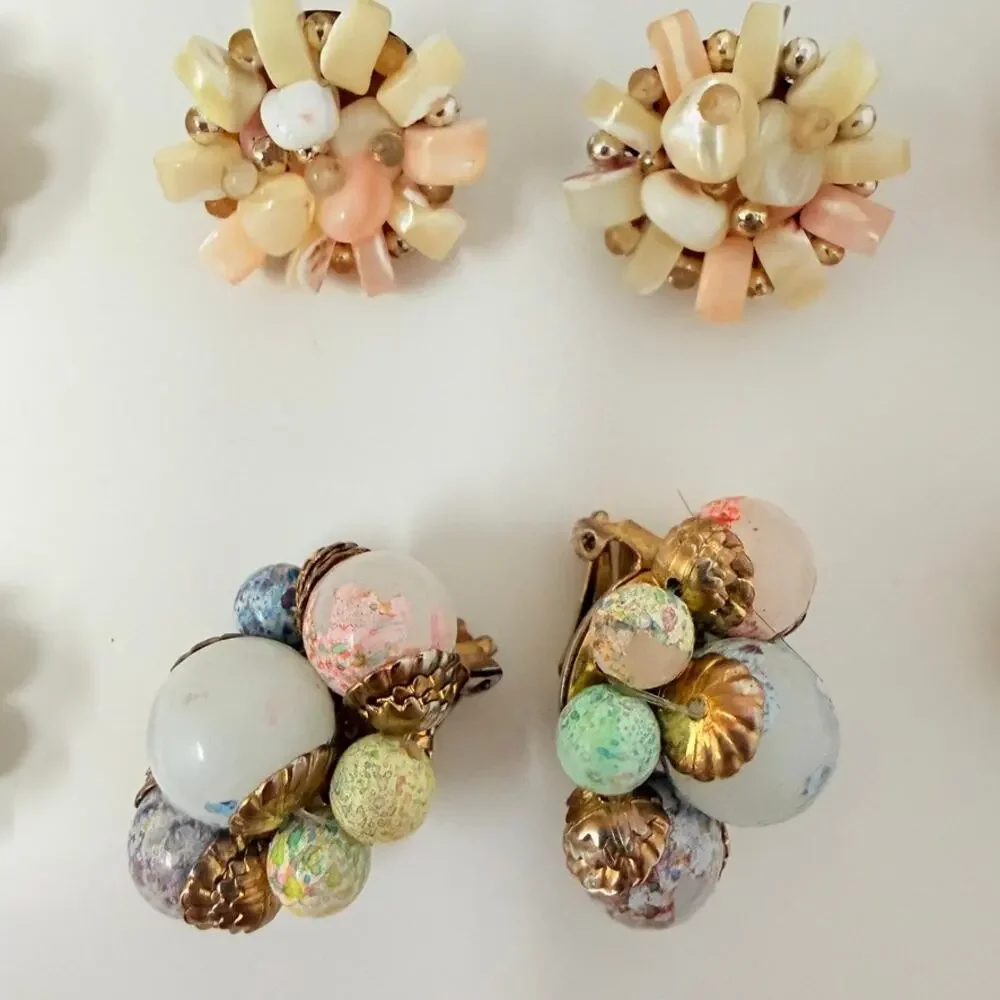 Lot of 15 Hong Kong Japan Cluster Flower Faux Pearl Shell Bead Clip On Earrings